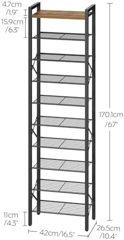 YATINEY 10-Tier Narrow Shoe Rack, Tall Shoe Rack for 10-20 Pairs, Slim Shoe Storage Organizer with Wooden Top, Space Saving, Metal Frame, for Entryway, Rustic Brown and Black SS68BR - Image 3