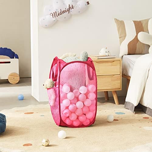TECHMILLY Collapsible Mesh Pop Up Laundry Hamper with Sturdy Handles and Side Pocket - Portable Foldable Clothes Baskets for Dorm, Bathroom & Travel Storage (Pink) - Image 5