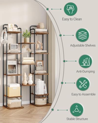 Hzuaneri 8 Tiers Vertical Shoe Rack, Narrow Shoe Tower, Tall Shoes Shelf with 2 Hooks, Adjustable Shelves, Corner Shoes Shelves for Small Spaces, Entryway, Living Room, Rustic Brown SR04301B - Image 7
