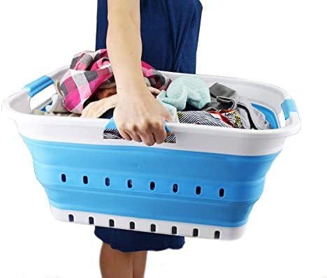 SAMMART 42L (11 gallon) Collapsible Plastic Laundry Basket - Foldable Pop Up Storage Container/Organizer - Space Saving Hamper/Basket (1, White/Marine Blue) - Image 6