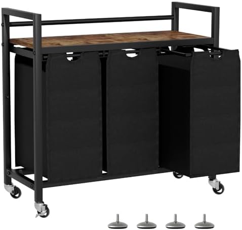 SwaaVee Laundry Sorter, Laundry Hamper 3 Section, 3×11.4Gal, Metal Frame Rolling Laundry Basket with Wooden Top Shelf, Pull out and Removable Laundry Bags, 3 Bags-Black by SwaaVeeYourBestOrganizingHelper
