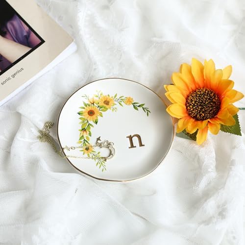 COLLECTIVE HOME - Ceramic Jewelry Tray, Trinket Dish for Rings Earrings Necklaces Bracelet Watch Keys, Birthday Mother's Day Christmas Gift for Women, 4.75", White Surface wirh Sunflowers (n) - Image 2