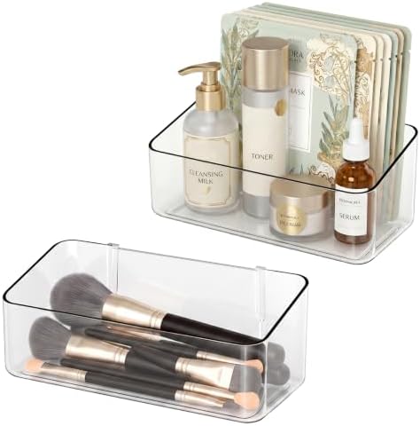 JessLab Clear Cabinet Door Organizer Bin, Angled Open Front Design, Small Acrylic Makeup Storage for Kitchen Spices, Cosmetics, Desk Supplies, Adhesive Mounted, 1 Compartment (2 Pack) by JessLab