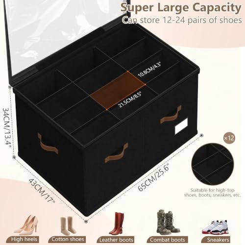 Shoe Organizer for Closet, 2 Pack Shoe Storage Bins Foldable Shoe Storage Box Containers with Clear Cover and Sturdy Handles, Shoe Rack for Closet Storage for Sneakers Heels Slippers, Fit 12-24 Pairs - Image 3