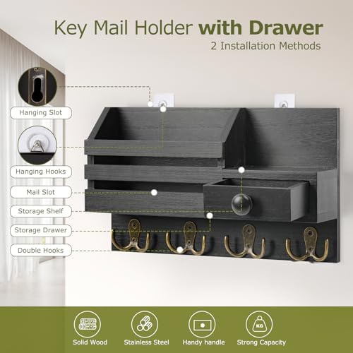 Key Holder Wall Mount, Wooden Key and Mail Organizer, Black - Image 3