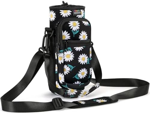 Nuovoware Water Bottle Carrier Bag, 25oz/32oz Bottle Pouch Holder, Adjustable Shoulder Hand Strap 2 Pocket Sling Neoprene Sleeve Sports Accessories for Hiking Travelling Camping, BlackDaisy by NUOVOWARE