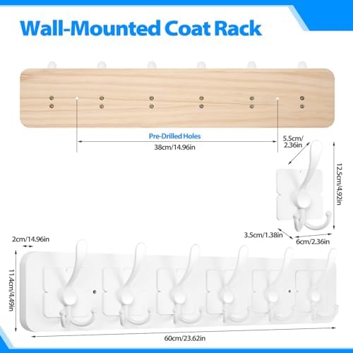 Solid Pine Wooden Wall-Mounted Coat Rack - Rustic Entryway Organizer with 6 Zinc Alloy Hooks, Space Saving Wall Coat Hanger for Jackets, Hats, Bags, Towels & Robes (White, 6 Triple Hooks) - Image 2