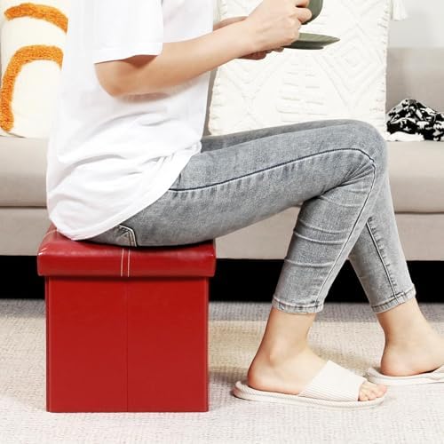 B FSOBEIIALEO Storage Ottoman Cube, 11.8" Faux Leather Footrest Chest, Red - Image 6