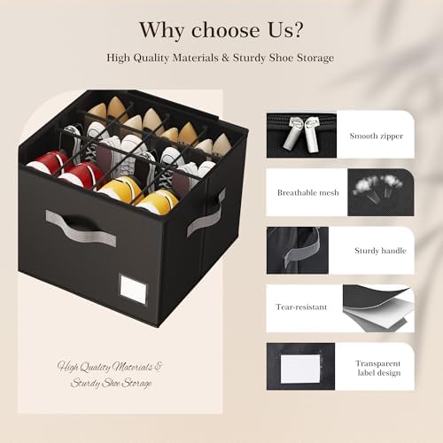 Criusia Shoe Organizer for Closet, Foldable Shoe Storage Organizer with Clear Cover and Sturdy Handles, Fit 12-16 Pairs, Closet Organizer for Shoes Sneakers Sandals Heels, 2 Pack, Black - Image 4