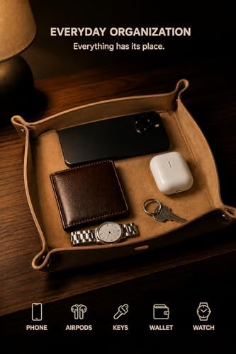 Premium Leather Valet Tray for Men, Large EDC Organizer with Charging Slot, Square Nightstand & Desk Tray for Keys, Wallet, Watch, Phone & Everyday Essentials - Image 2