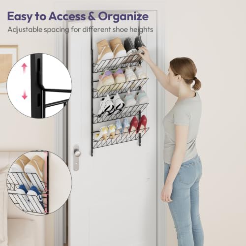 SWTYMIKI Over the Door Shoe Organizer - Adjustable 4 Tier Hanging Shoe Rack Organizer, Metal Heavy Duty Behind Door Storage or Wall Mount Shoes Shelf for Flats, Heels, Sneakers, Boots Black - Image 4