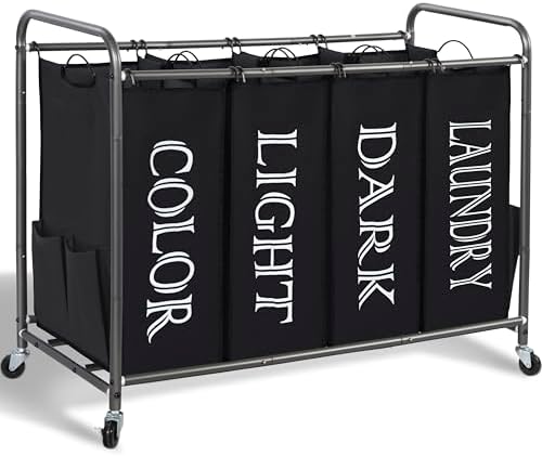 STORAGE MANIAC Laundry Sorter 4 Section, 47.5 Gal (180 L) Laundry Hamper with Wheels, Clothes Divider Basket Sorter, Separator Hamper Cart with Removable Bags, Label Black by STORAGEMANIAC