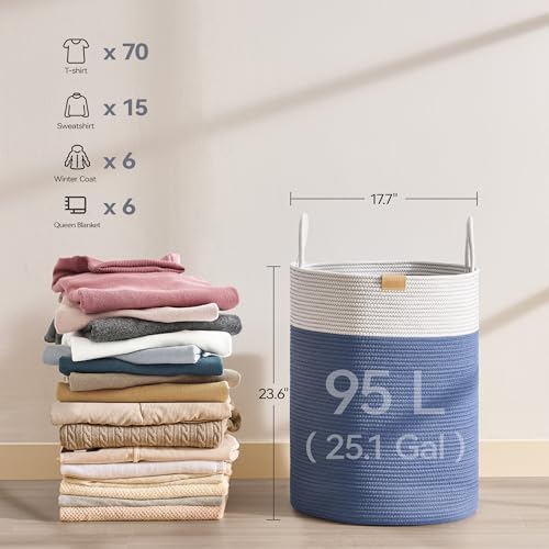 Nunsino Laundry Hamper 95L,Large Laundry Basket for Clothes,Decorative Storage Basket for Blankets,Cotton Rope Woven basket for bedroom,Navy Blue - Image 6