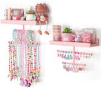 Keebofly Jewelry Organizer Wall Mounted Hanging with Wooden Shelf for Kids, Girls, Teens, Jewelry Holder Storage Display for Earring, Necklace, Bracelet, Bow, Pink, (Patented) by Keebofly
