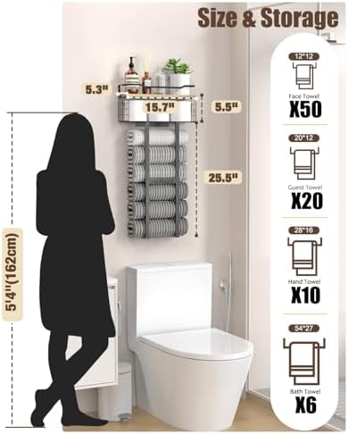 Aetyord Towel Racks for Bathroom - Wall Mounted Metal Rack with Wood Plank, Bathroom Storage Organizer, Towel Holder Stores 6 Large Rolled Towels Easily, Black with Wood Plank - Image 6