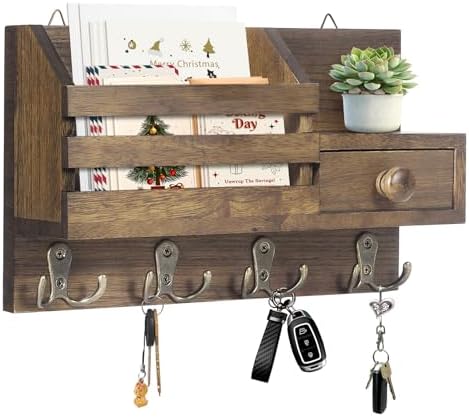 Key Holder Wall Mount, Wooden Key and Mail Organizer, Brown by HOMEBROS