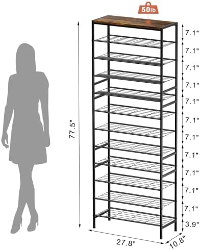 12 Tier Metal Shoe Rack with Wood Top, 40-48 Pairs - Image 3