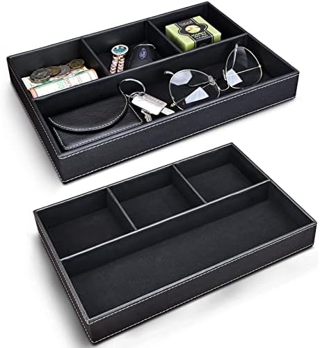 GORESE 2 Pieces Faux Leather Valet Tray for Men, Stackable Jewelry Organizer for Drawers, Nightstand Caddy Tray for Key, Wallet, Sunglass, Watch, Coin, Phone, Bedside Desk-top Storage Black by GORESE