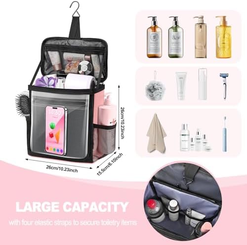 Portable Hanging Shower Caddy, Large Capacity Travel Toiletry Bag for Men & Women, Bath Organizer with Hook & Waterproof Phone Compartment, for Gym, Travel, Dorm, Picnic, Bathroom(Pink) - Image 2