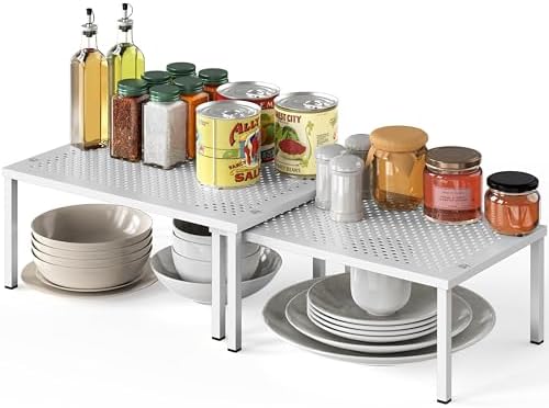 Simple Houseware Expandable Stackable Kitchen Counter Shelf Organizer, White, Metal Top, 11.25"L x 7.9"W x 5.4"H by SimpleHouseware