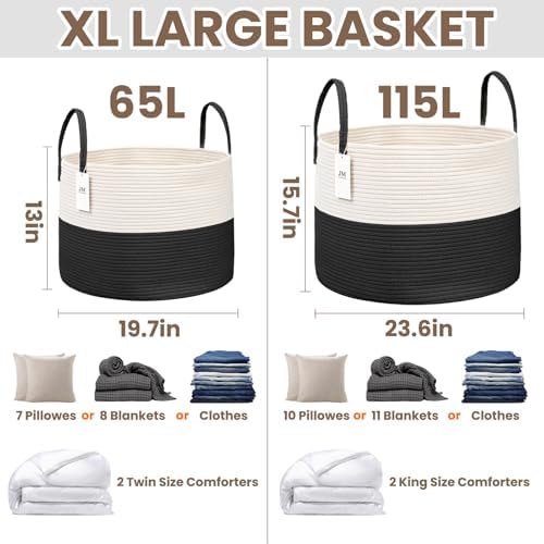 JMvicyroam 65L Extra Large Machine Washable Cotton Rope Blanket Basket - Image 3