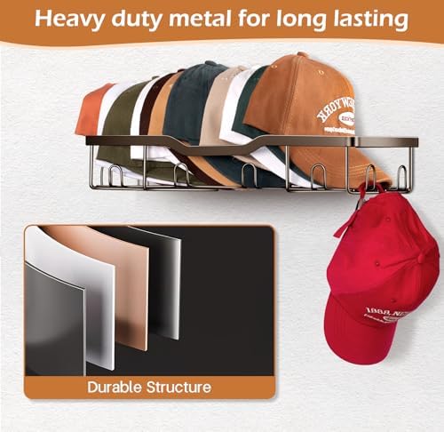 KEETDY Metal Hat Racks for Wall Baseball Cap Organizer Fit 48 Caps Holder, 2 Packs Sturdy Wall Mounted Hat Storage Organizer, Brown - Image 2