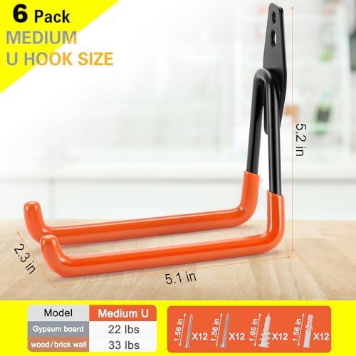6 Pack Garage Hooks Heavy Duty Storage Organizer Wall Mount Power and Garden Tool Hangers, for Hanging Ladders, Ropes, Hose, Bulk Items - Image 3