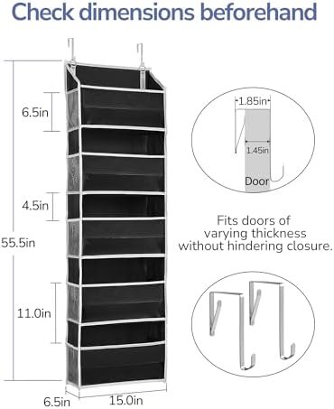 ULG 1 Pack Over The Door Organizer – 5 Shelf Door Organizer Hanging & 10 Side Pockets, Reinforced 44LB Capacity Hanging Organizer, Behind The Door Storage for Bedroom, Nursery, Pantry (Black) - Image 4