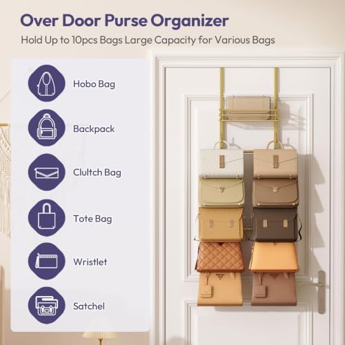 SWTYMIKI Over the Door Purse Organizer - Wall Mounted Handbag Organizer with 10 Hooks and Metal Basket, Hanging Purse Storage Rack Holds up to 10 Bags, Bag Rack Can Use As 1/2 Part, for Door, Closet - Image 3