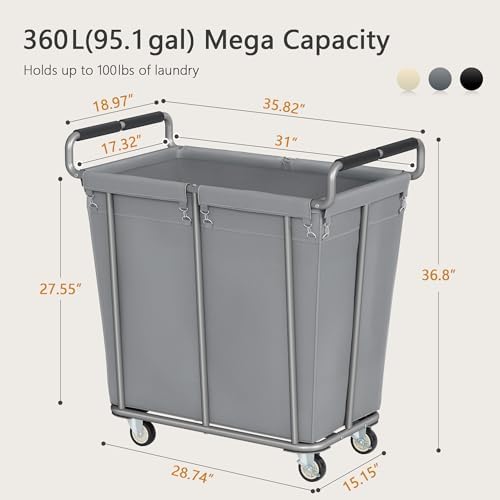 Gewudraw 360L Rolling Laundry Hamper with Wheels, 95 Gallons, Grey - Image 3