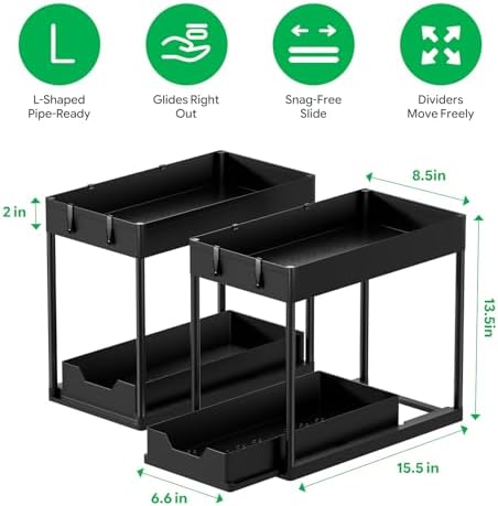 Ekisemio 2 Pack 2-Tier Under Sink Organizers with Sliding Drawer, Black - Image 2