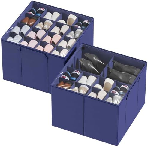 SpaceAid Shoe Organizer for Closet, 2 Pack Foldable Shoe Storage Containers Baskets Boxes Bins w/Adjustable Dividers, Fits 16-32 Pairs, Blue by SpaceAid