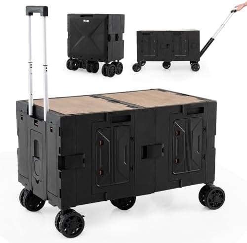 Goplus Large Foldable Utility Cart w/ 2-Tier Storage Crates, 5 Rotate Wheels, Metal Telescoping Handle, Portable Rolling Trolley Collapsible Cart for Grocery Shopping Camping & Travel by Goplus
