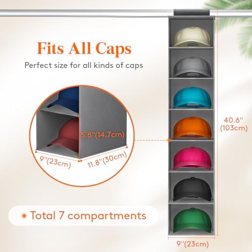 Lifewit 7 Section Hanging Hat Organizer for Baseball Caps, Gray, 1 Pack - Image 2