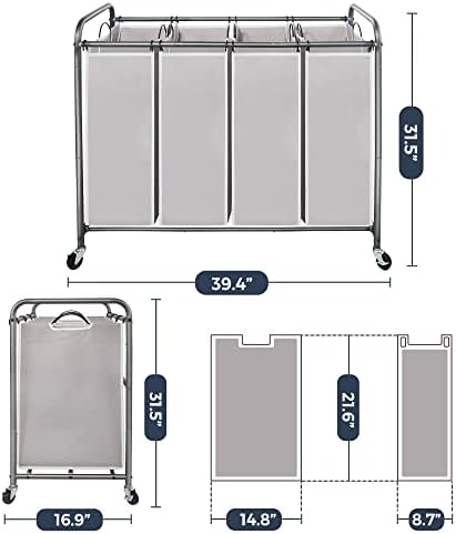 STO STO Laundry Sorter 4 Section, 4 Bag Clothes Hamper, Rolling Laundry Cart Basket with Heavy Duty Lockable Wheels and Removable Bag for Laundry Room, Bedroom, Closet, Gray - Image 6
