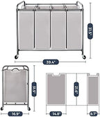 STO STO Laundry Sorter 4 Section, 4 Bag Clothes Hamper, Rolling Laundry Cart Basket with Heavy Duty Lockable Wheels and Removable Bag for Laundry Room, Bedroom, Closet, Gray - Image 6