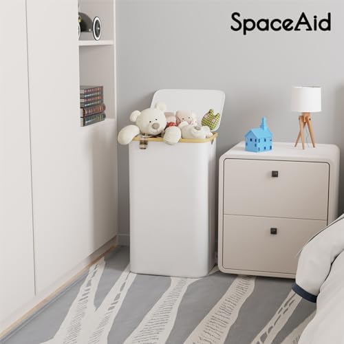 SpaceAid Laundry Hamper with Lid, 110L Large Tall Clothes Basket Bin with Bamboo Handles, Collapsible Laundry Hamper for Bedroom, Bathroom, Dorm, Laundry Room - White - Image 2