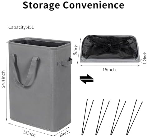 Slim Laundry Hamper Handles Collapsible Laundry Basket Thin Dirty Clothes Basket Narrow Laundry Bag Foldable Dirty Hamper 45L (21 inches,Grey) - Image 3