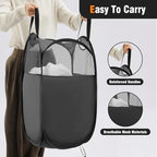TECHMILLY Pop Up Foldable Laundry Basket, Mesh Laundry Hamper with Reinforced Handles for Dirty Clothes Storage in Dorm, Laundry Room, Bathroom, Black(Fabric), 3 Pack - Image 3