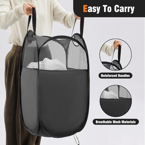 TECHMILLY Pop Up Foldable Laundry Basket, Mesh Laundry Hamper with Reinforced Handles for Dirty Clothes Storage in Dorm, Laundry Room, Bathroom, Black(Fabric), 2 Pack - Image 3