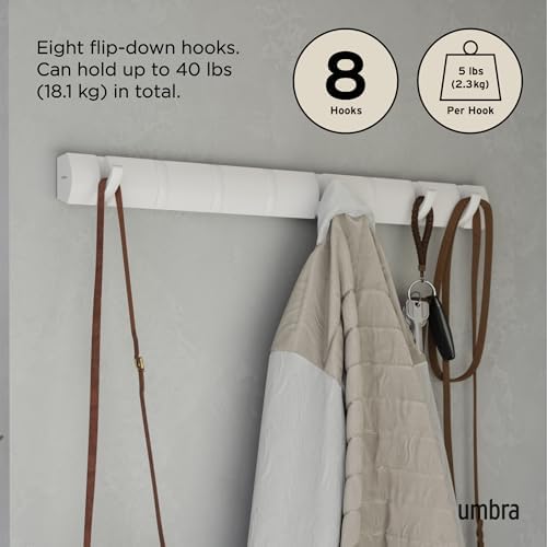 Umbra Flip Coat Rack, Wall Mount 8-Hook, Space Saving, White/Nickel - Image 5