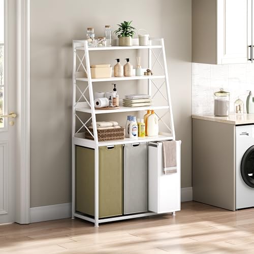 Herture Laundry Basket, 3 Section Laundry Hamper with 4 Tiers Shelf, Pull-Out and Removable Laundry Bags, Large 3 x 15.87 Gallons, 3 Color Bags for Laundry Room Bathroom White PF05XLE - Image 2