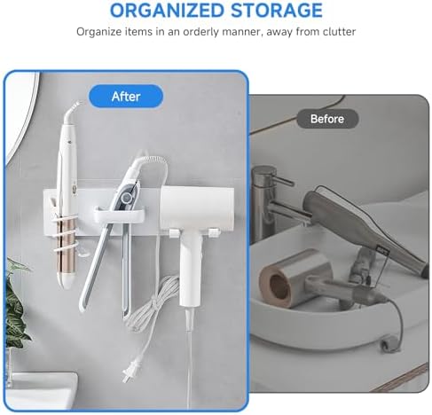 Hair Dryer Holder Wall Mounted,Blow Dryer, Curling Iron, Straightener Holder 3 in 1 Bathroom Metal Hair Tool Organizer Rack-Matte White-2 - Image 4