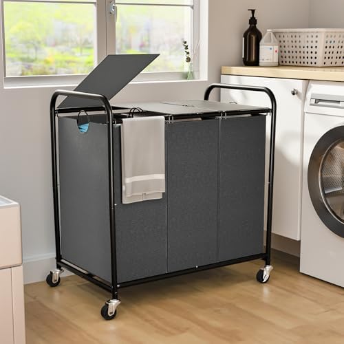 180L Laundry Sorter 3 Section, Rolling Laundry Basket with Wheels and Lid by OLLDIDE