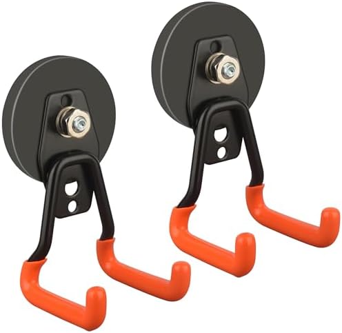 ULIBERMAGNET New Upgraded Heavy Duty Magnetic Garage Hooks,2 Pack Strong Large Magnet Hooks for Power Drill,Garden Tools,Hose,Pegboard,Garage, Workshop,Magnetic Storage Hook for Hanging(Orange) by ULIBERMAGNET