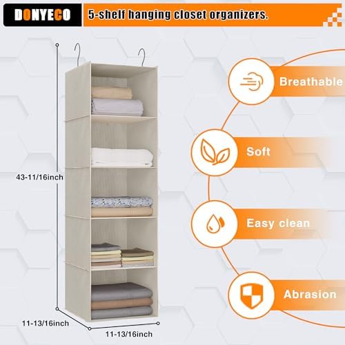 Hanging Closet Organizer 5-Tier, Oxford Wardrobe Storage, Beige Houndstooth | Easy-mount foldable design holds clothes, handbags, shoes & accessories; washable Oxford fabric, sturdy and space-saving. - Image 3