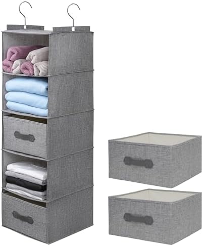 Large Hanging Sweater Organizer for Closet,Collapsible 6-Shelf Hanging Closet Shelves with Drawers, Washable (Grey-5 Shelf-2 d) by Unknown