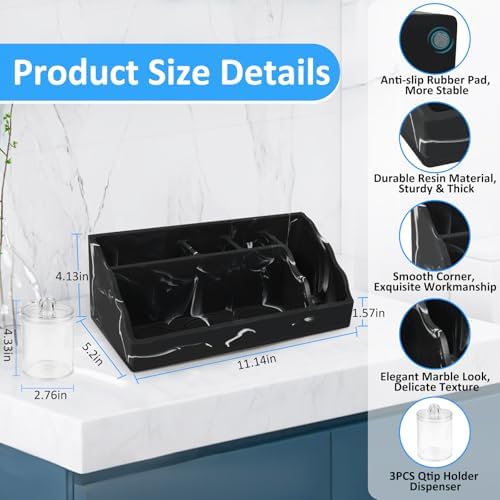 Marble Bathroom Countertop Organizer, Black Toothbrush Holders for Bathrooms Counter Organizer with 3PCS Qtip Dispenser, Toothbrush and Toothpaste Holder for Bathroom Organization Vanity Storage - Image 4