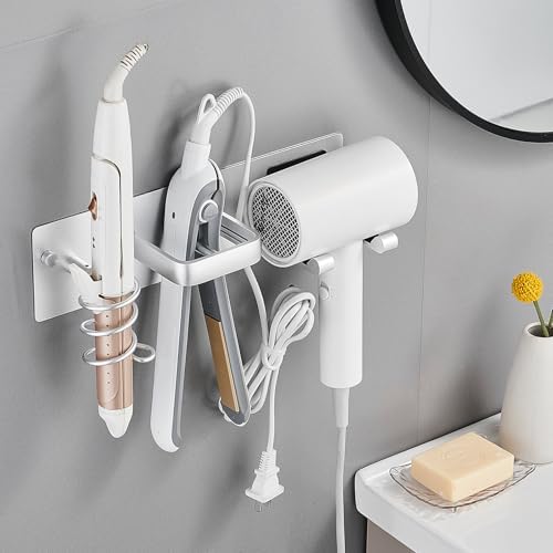 Hair Dryer Holder Wall Mounted,Blow Dryer, Curling Iron, Straightener Holder 3 in 1 Bathroom Metal Hair Tool Organizer Rack-Silver-2 - Image 3