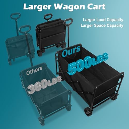 Collapsible Wagon Cart with Wheels Foldable: 500LBS Heavy Duty Folding Utility Wagon - Portable All Terrain Grocery Wagon Cart for Groceries Shopping Outdoor Camping Sports (Black-500Lbs) - Image 2
